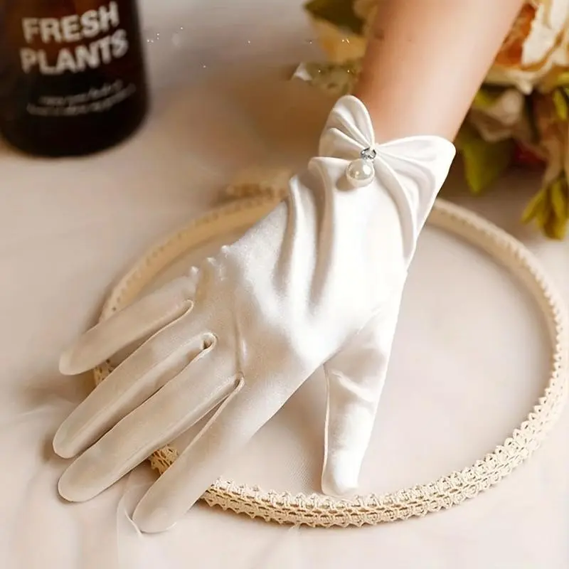 Exquisite Faux Pearl Decor Gloves, Elegant Satin Gauze Material, Perfect for Weddings, Formal Events, Thoughtful Gifts, and