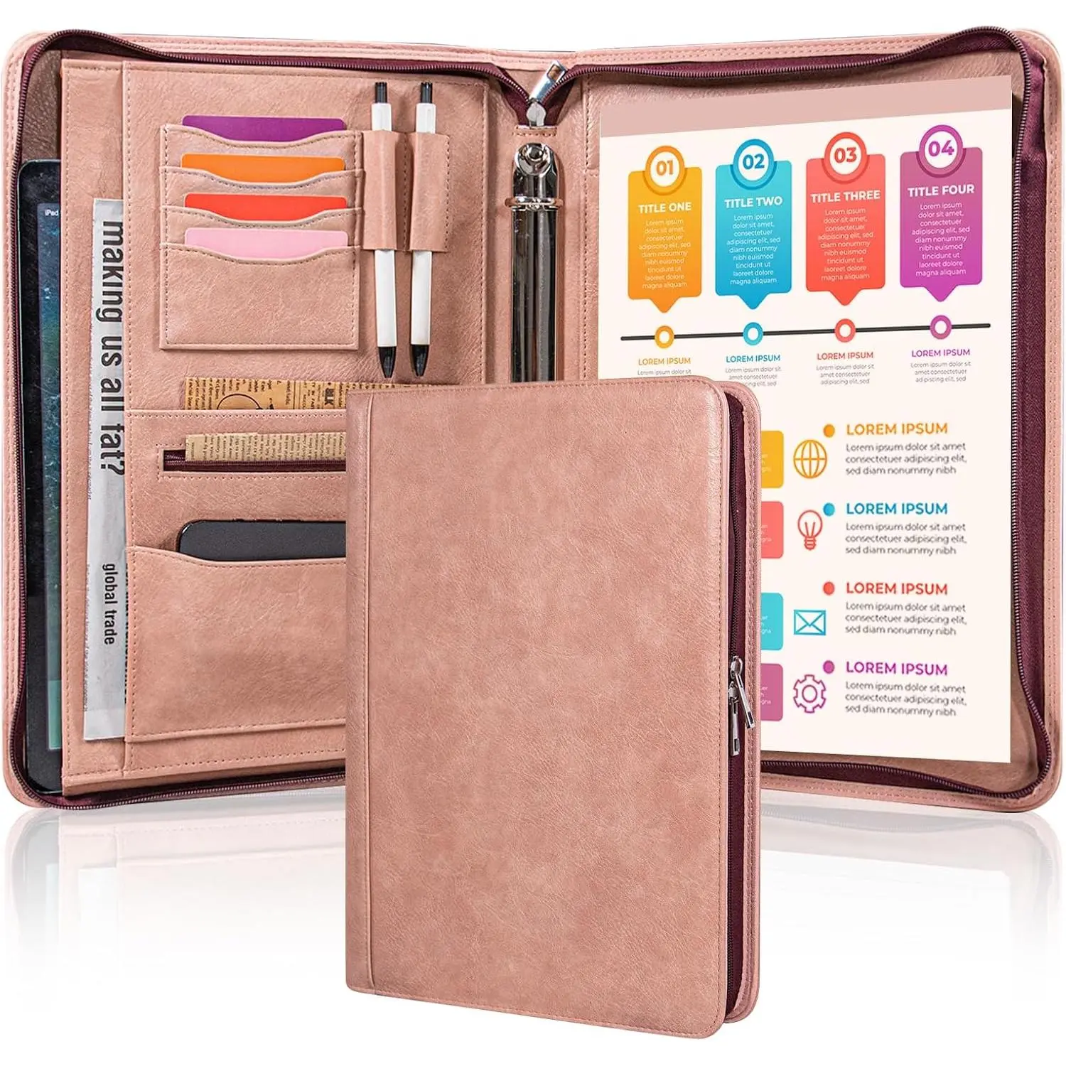 Leather 3 Ring Portfolio Binder with Zipper, Professional Business Padfolio Organizer for Women, A4 Letter Document Folder Case for Interview, Resume & 13 inch Laptop