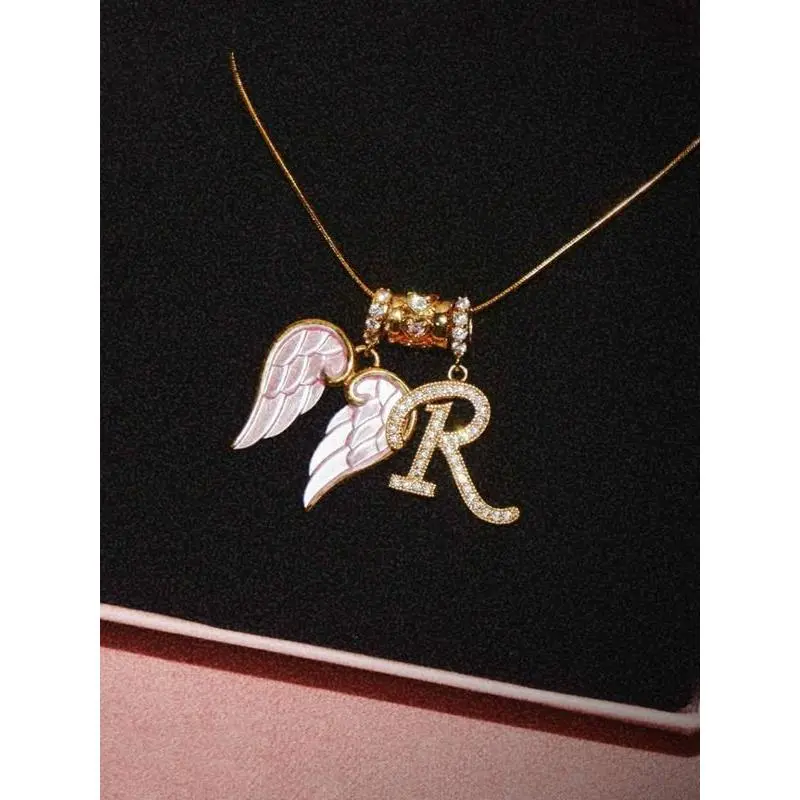 Unisex Initial Necklaces - 26 Block Letter Design, Elegant Vintage Sweet Wing Charm, Luxury Zircon-Inlay Stainless Steel Costume Jewelry with Metal Coating, Casual Daily Long Chain & Choker Options, 26 Letter Design