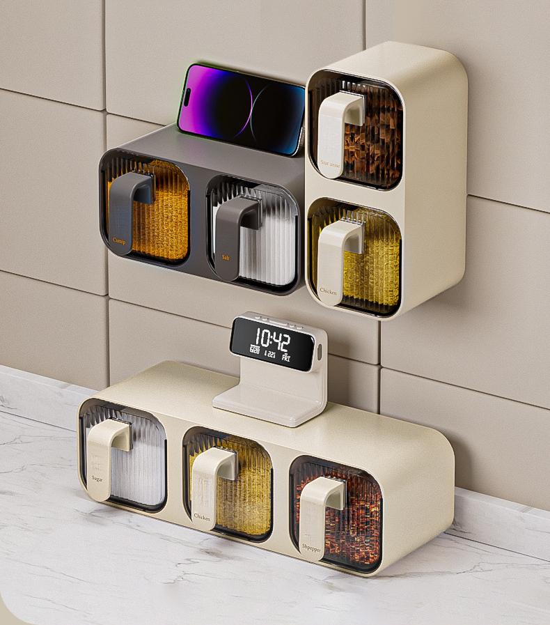 Wall-Mounted Integrated Multi-Compartment Spice Box Set Kitchen Household Moisture-Proof Storage Salt MSG Plastic Jar Organizer