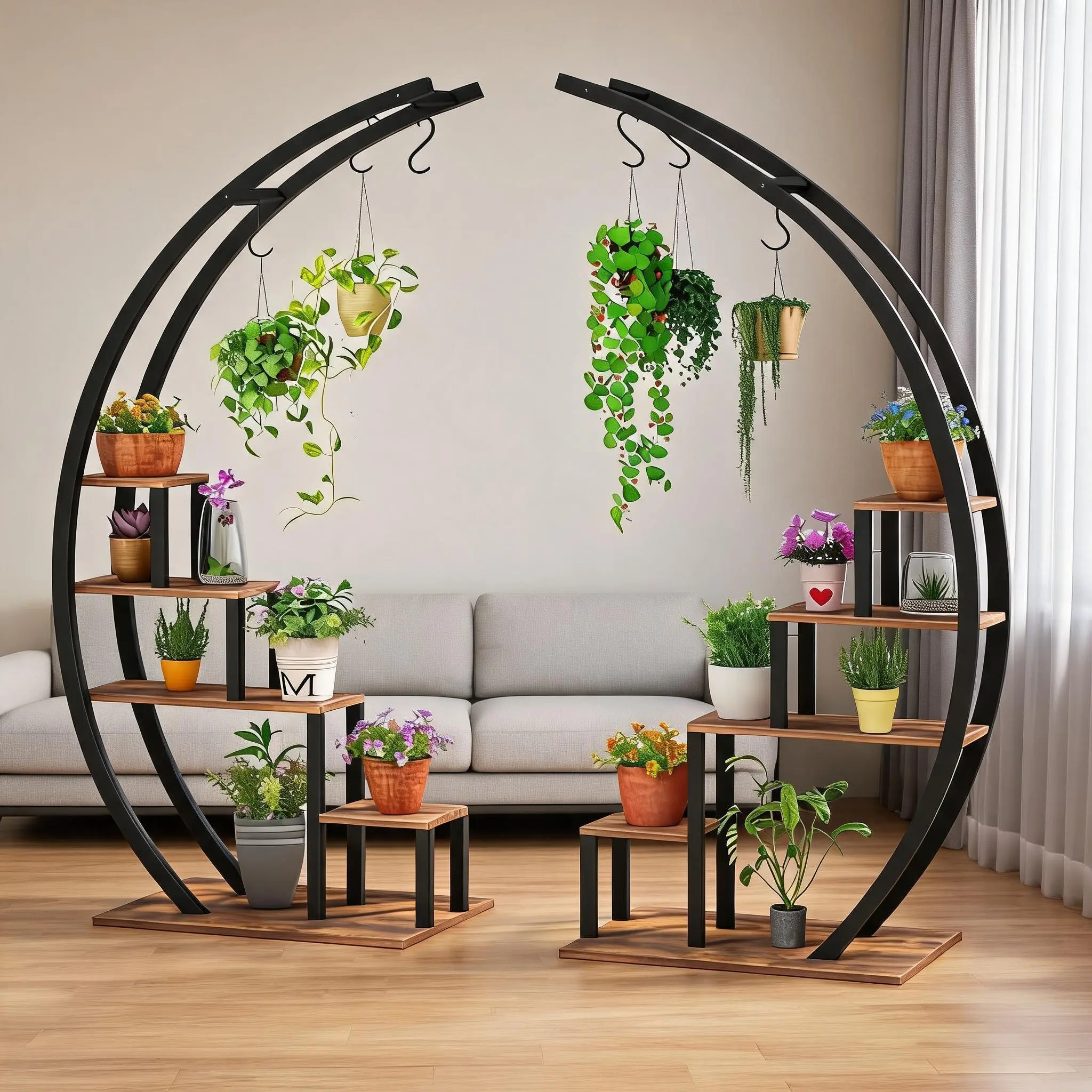 56" Heavy Duty Metal Plant Stand Indoor Outdoor - 5-Tier Corner Shelf w/ Hanging Hooks, Rust-Proof Flower Display Rack for Multiple Pots, Garden, Balcony, Living Room