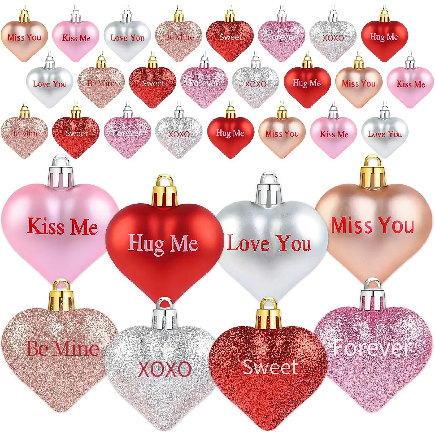 Valentine‘s Day Heart Ornaments 24-Pack  Heart Shaped Decoration with Love for Valentine Tree Decor  &  Wedding Party Decorations(Red, ,  and )