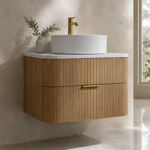ARCH 24-Inch Wall-Mounted Bathroom Vanity Cabinet with Sink, Floating Curved Edges, Striped Natural Woodgrain Finish, White Ceramic Basin and Carrara White Artificial Marble Top, Soft-Close Drawer, Modern Bathroom Storage, Pre-Assembled