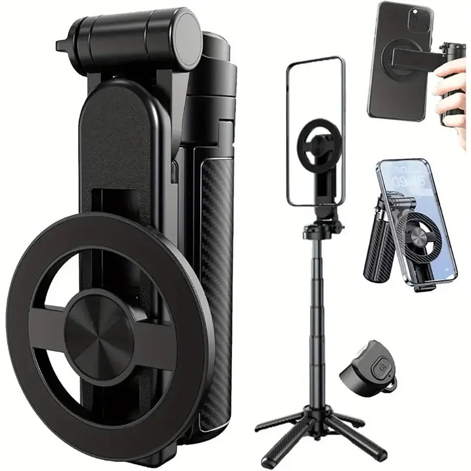 Multifunctional 4-In-1 Selfie Stick, 360° Rotating Magnetic Design, Wireless Detachable Remote, Portable Pocket Size for Travel & Vlogs, Selfie Accessories