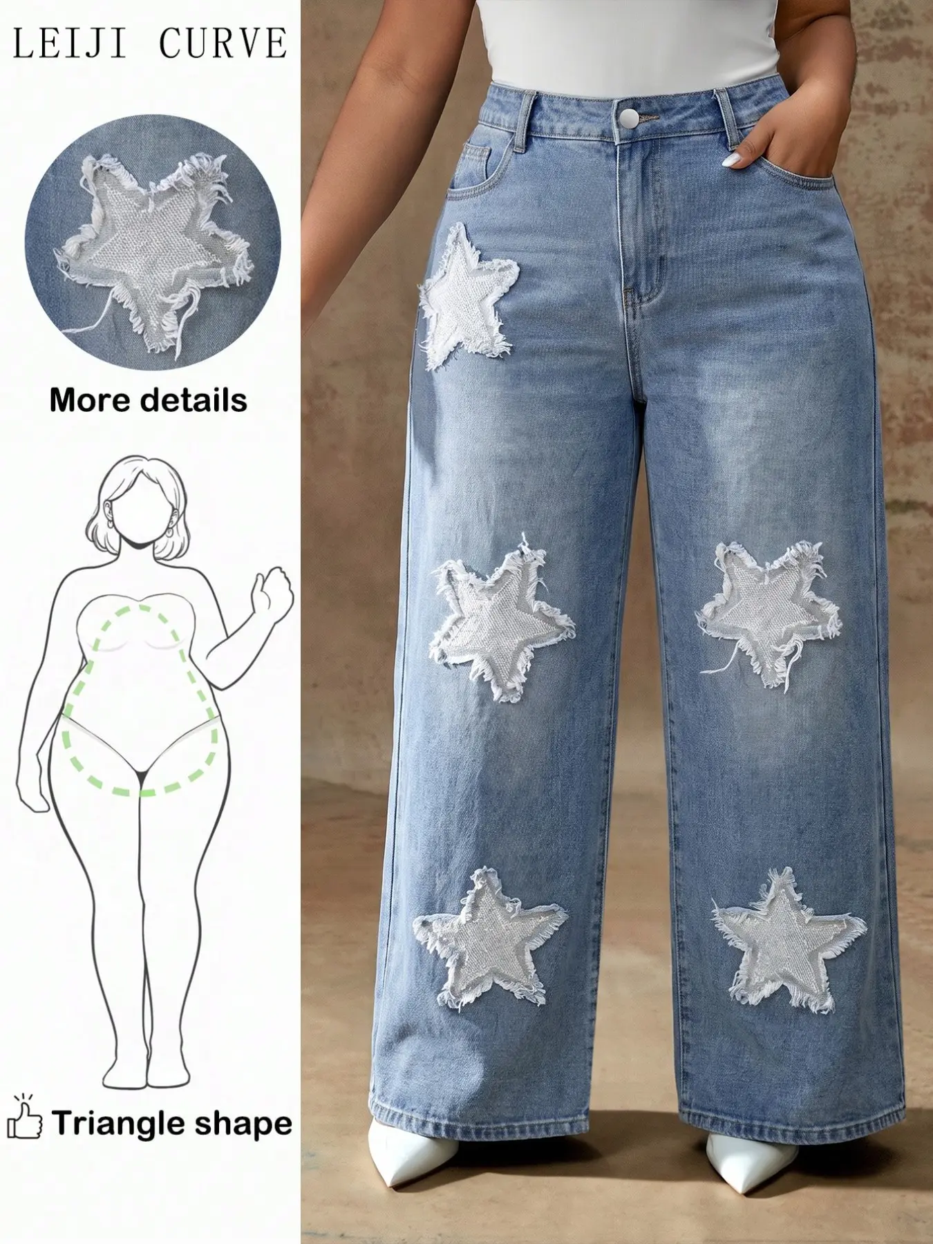 Plus Size Women's Light Blue Washed Edge Star Patch High Waist Wide Leg Jeans, Casual Long Pants, Conceal Belly, Straight Legs
