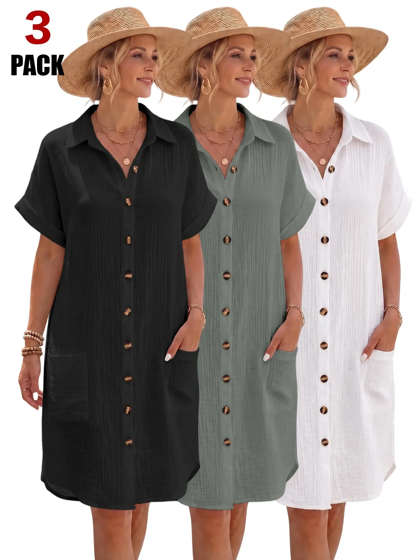 Women's Lapel Collar Button Down Midi Shirt Dress, Short Sleeve, Side Pockets, Casual Minimalist Summer Vacation Dress, Knee Length, Loose-Fit