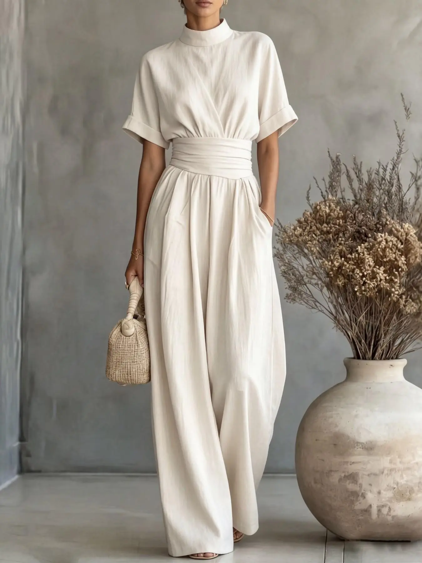 Women's High-Waisted Fit Short Sleeve Solid Color Wide Leg Everyday Romper, Spring Summer Fashion Basic Casual Comfortable Elegant Romper, Ideal for Daily Commute, Dates, Vacations, Parties