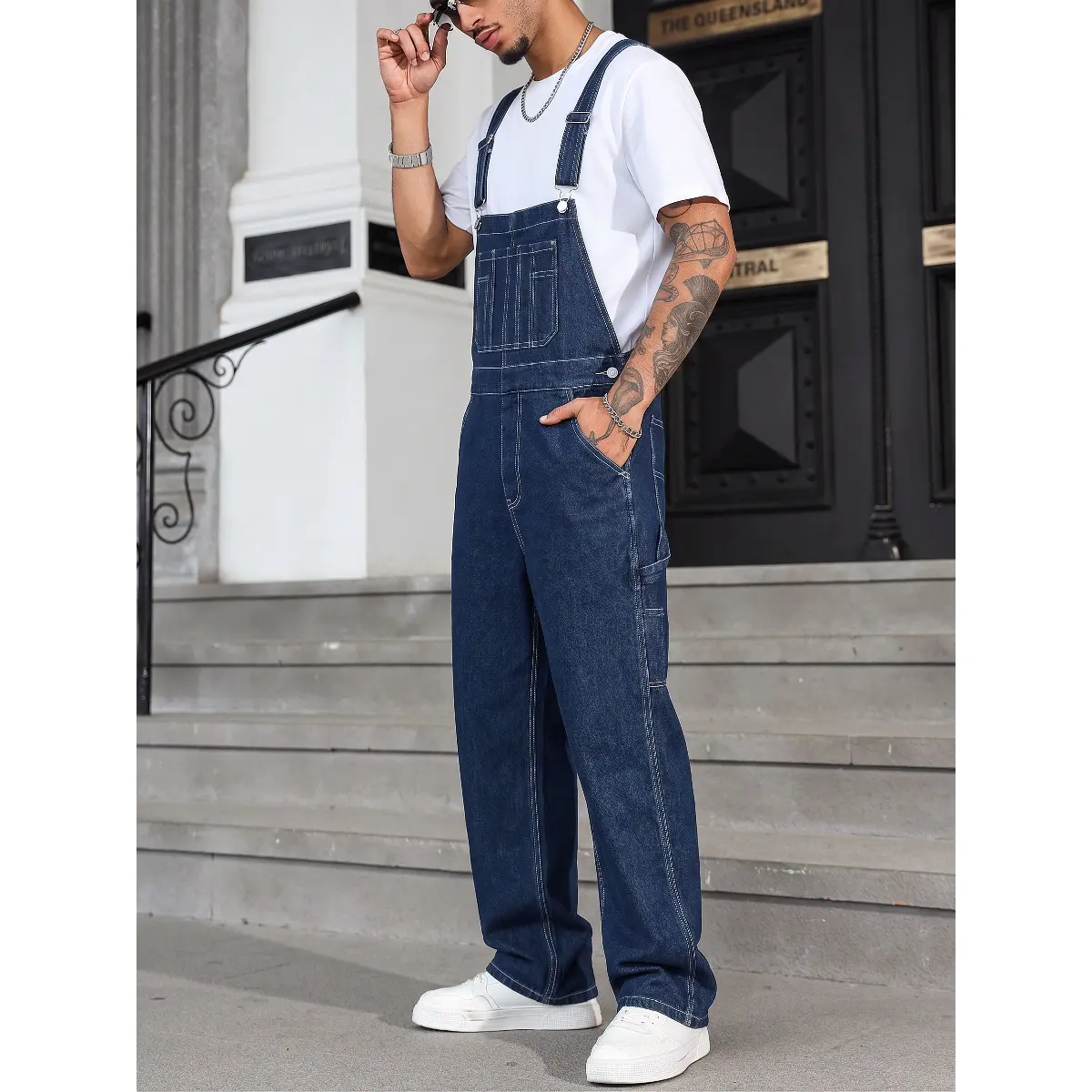 Mens Denim Overalls Dark Blue Slim Fit Streetwear Jumpsuit Bib Pants Adjustable Straps Casual Workwear Hip Hop Y2K Fashion Urban Style Straight Leg Dungarees Lightweight Summer Outfit Trend Essential