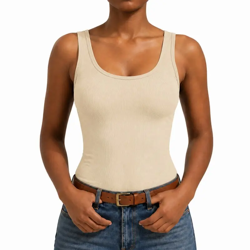 Ribbed Scoop Neck Tank Top Seamless Smoothing Support Gentle Compression Base Layer for Women Everyday Outing