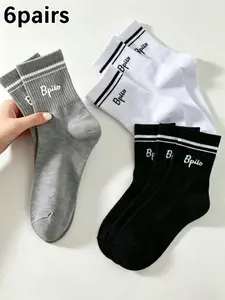 6 Pairs Women's Script Letter Print Double Striped Crew Socks, Breathable Ribbed Cotton Preppy Sport Mid Calf Socks, Black White Grey Casual Daily Socks