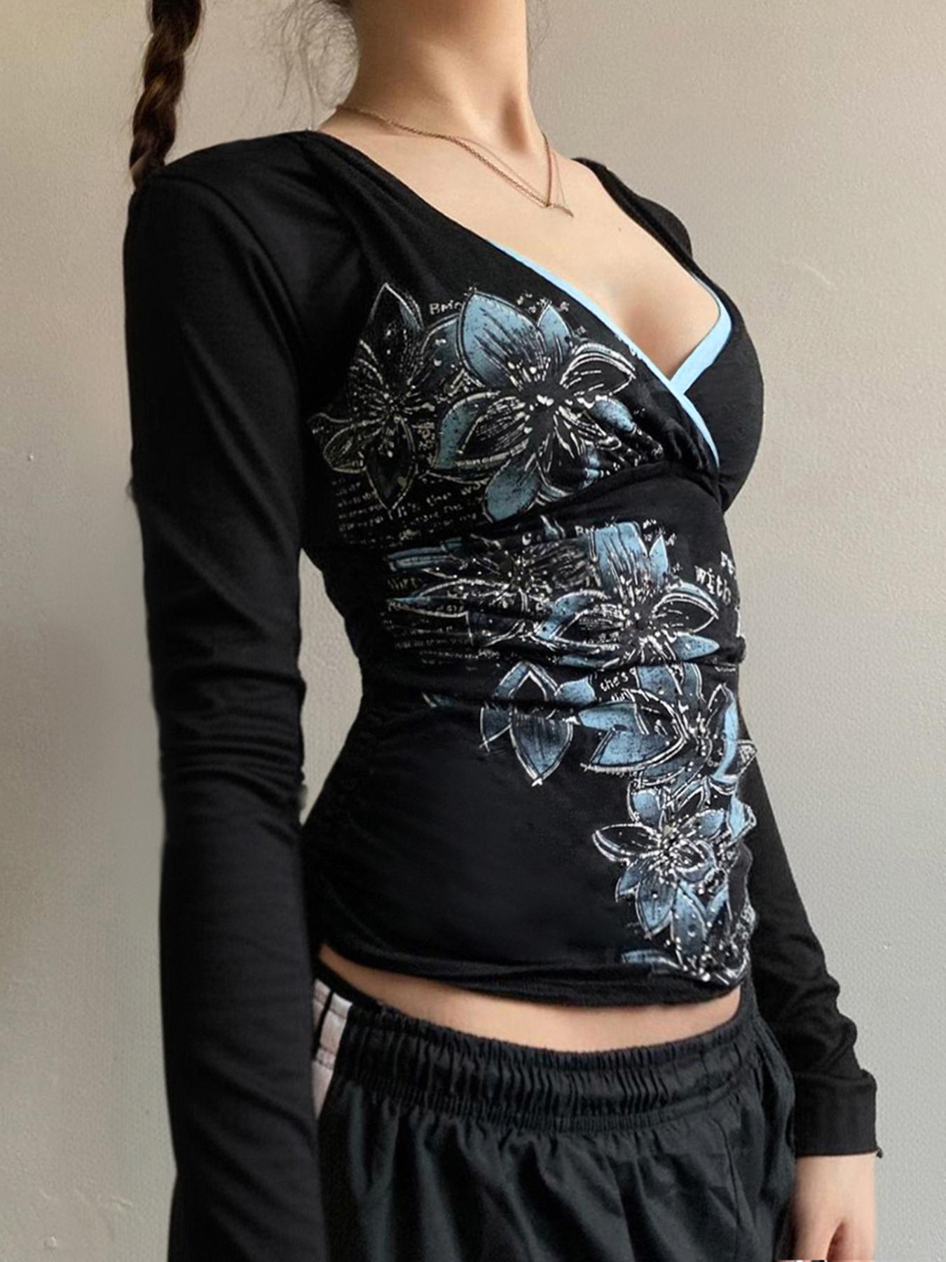 Vintage Floral Print Cross V Neck Slim Fit Long Sleeve T-Shirt for Women, Casual Fashion Top, Perfect for Daily Wear