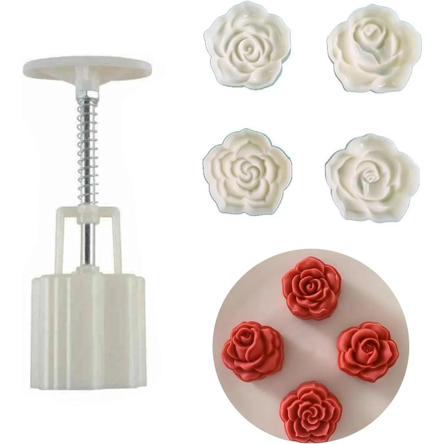 3D DIY Moon Cake Hand Press Cookie Stamps, 4 Pcs 50g Mid Autumn Festival Mooncake Patterns, Rose Flower Mold Patterns Mooncake Maker Cookie Dessert Cutter Pastry Mould
