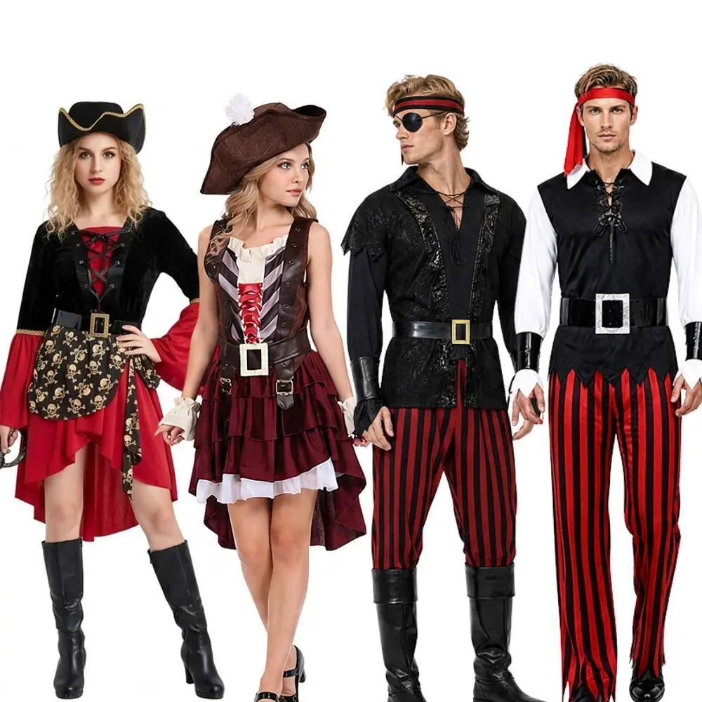 Men Women Pirate Couple Costume Set Halloween Carnival Party Outfit Adult Caribbean Pirate Cosplay Dress Uniform