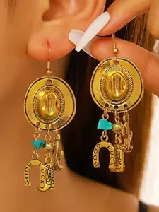 Gold Silver Western Cowboy Hat Turquoise Tassel DangleEarrings, Vintage Boho Cactus Horseshoe Boot CharmDrop Statement Earrings For Women