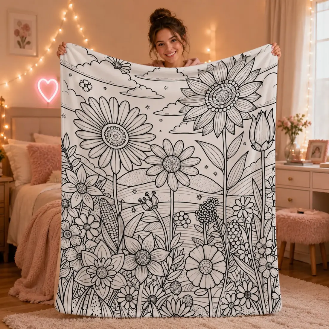 2D Flat, 1pc Adult Coloring Floral Patterns in Black And White Line Art for a Blanket, Featuring English Line Designs. Ideal for Keeping Warm in Air-Conditioned Rooms, As a Portable Shawl for Outdoor Travel, Print Blanket