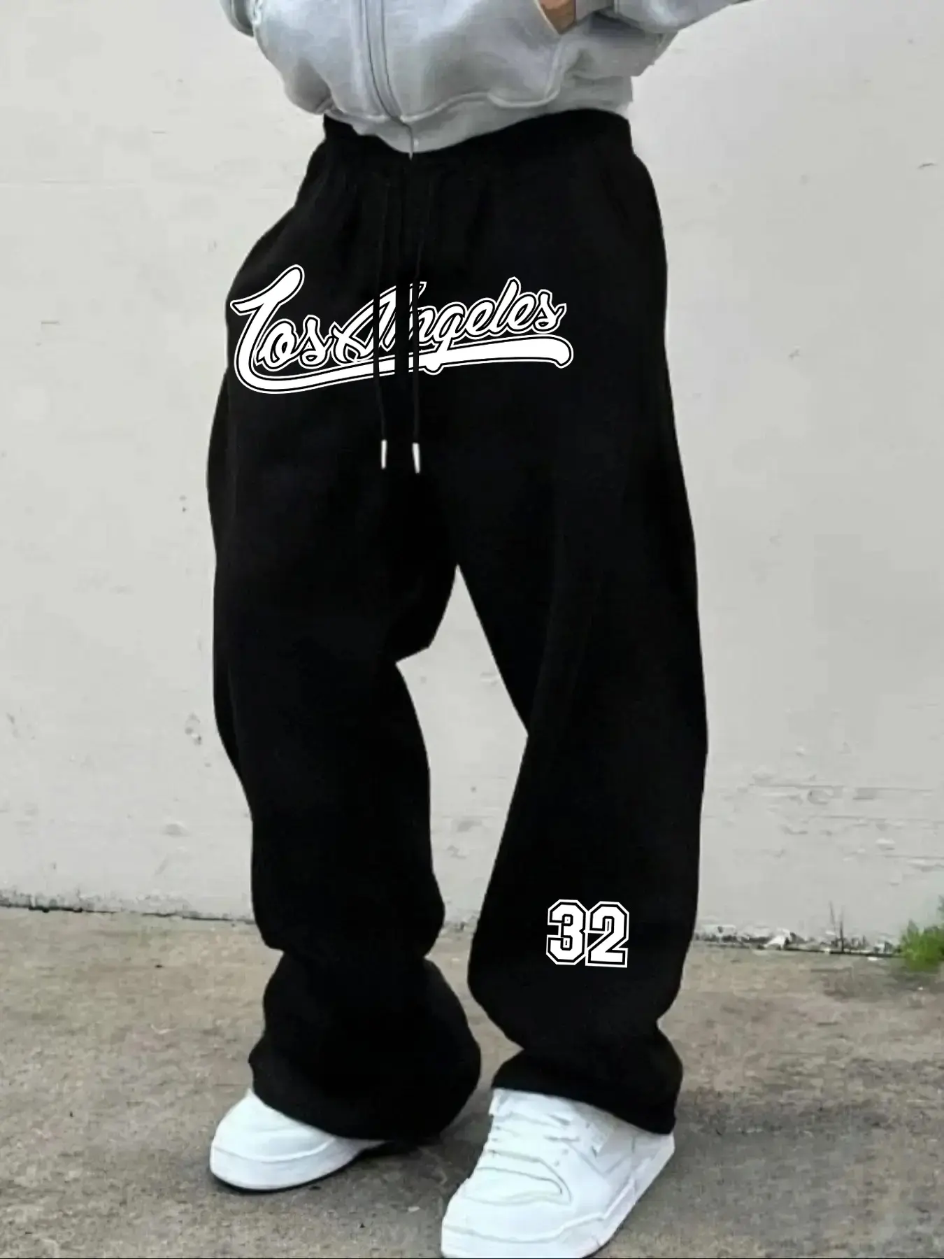 Men's Casual Sporty Long Pants, Los Angeles Script English Number 32 Print Sweatpants, Drawstring Wide Leg, All Season Leisurewear