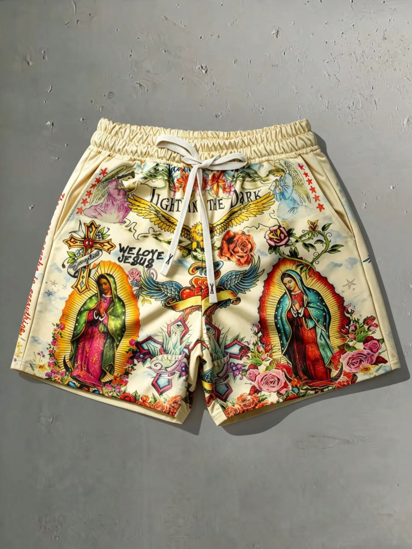 2026 Virgin Mary Shorts for Men and Women, Summer Shorts, Casual Graphic Shorts, Cross Vintage Style, Sports Shorts, Street Style, Guadalupe Virgin Rose Eagle Religious Totem Full Print Drawstring Waist Shorts, Loose Daily Casual, Street Hip Hop Y2k