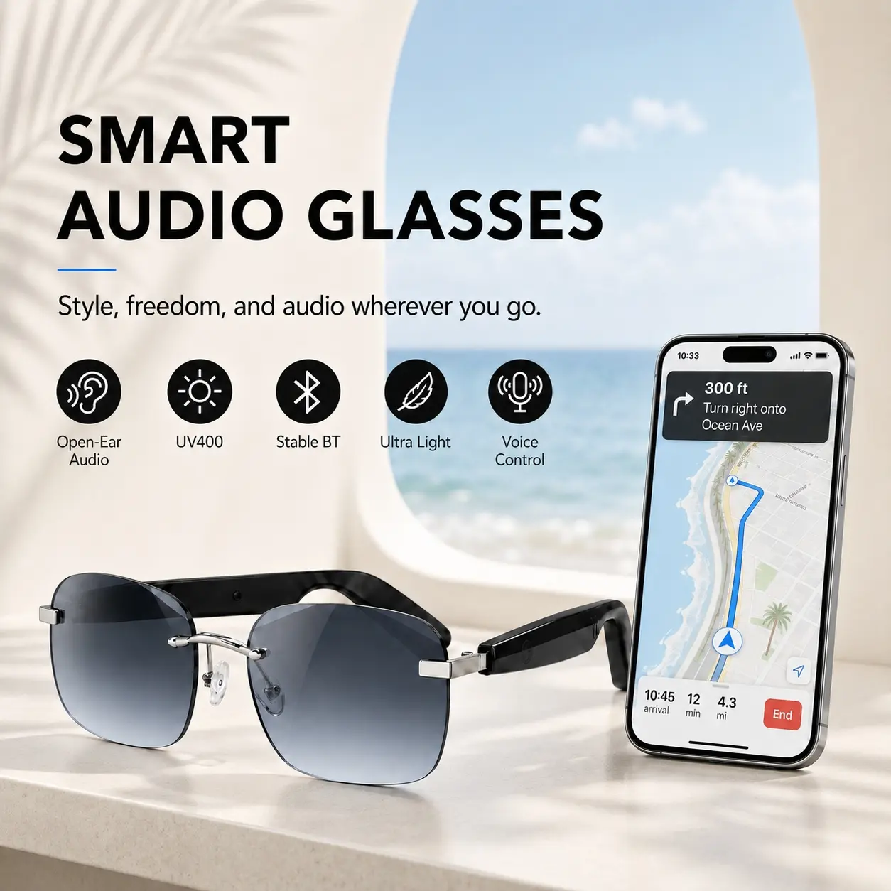 Smart Glasses, Bluetooth Open-Ear Audio Sunglasses with Built in Speakers and Microphone, Music Playback, Touch Control, Voice Assistant and Hands-Free Calling