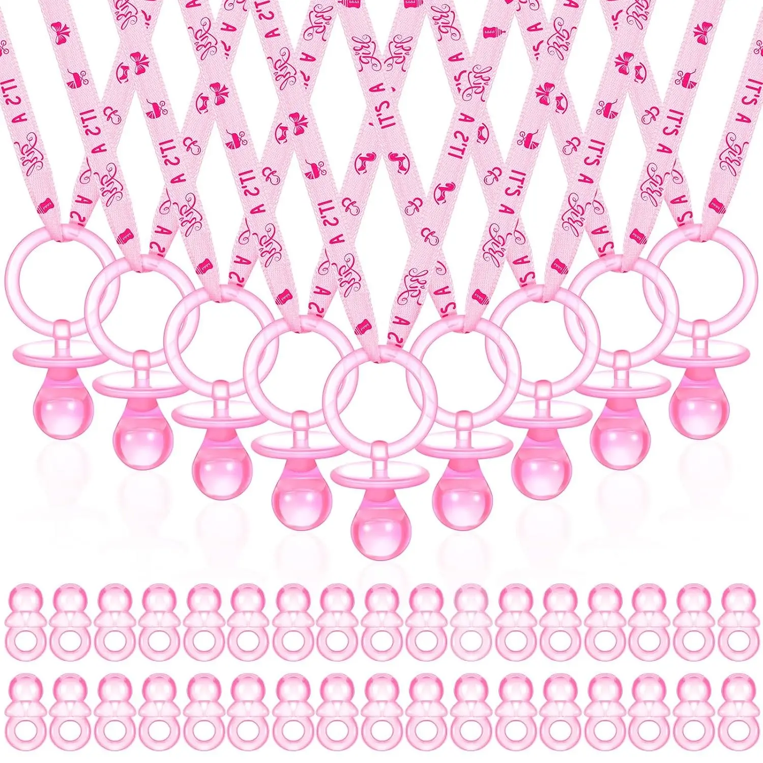 74 Pcs Baby Shower Party Supplies: 24 Acrylic Plastic Pacifier Necklaces and 50 Mini Plastic Charms, Pink - Table Scatter, Games & Decorations(Gift)