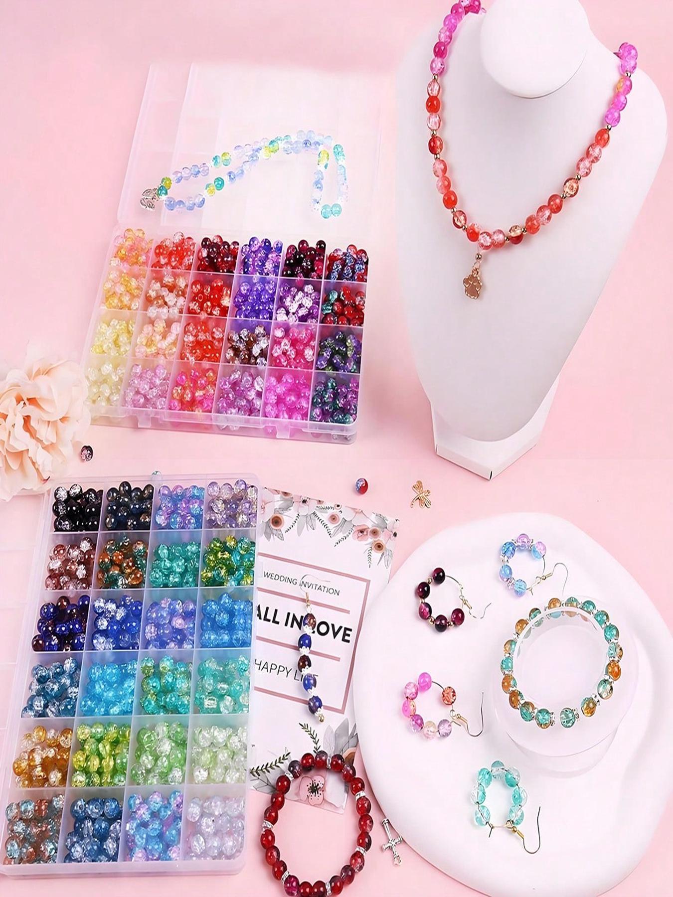 8mm Crackle Premium Glass Beads Bracelet Making Kit, 48 Colors Crystal Glass Beads for Jewelry Making, Round Beads for Bracelets, Bead Assortment