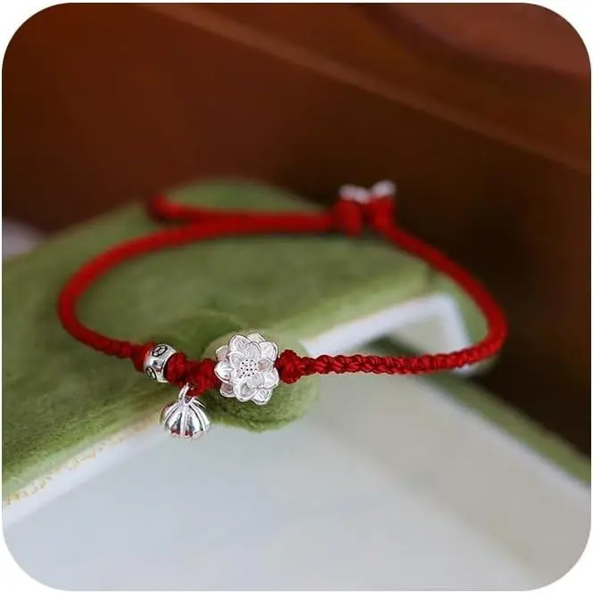 Sdouefos 925 Sterling Silver Lotus Flower Bracelet - Handmade Braided Red String Adjustable Women's Buddhist Spiritual Lucky Amulet Jewelry Gift