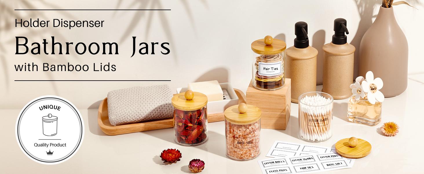 4 Pack Qtip Holder Dispenser with Bamboo Lids - 10 oz Clear Plastic Apothecary Jar Containers for Vanity Makeup Organizer Storage - Bathroom Accessories Set for Cotton Swab, Ball, Pads, Floss 4 Pack Qtip Holder Dispenser with Bamboo Lids - 10 oz Clear Plastic Apothecary Jar Containers for Vanity Makeup Organizer Storage - Bathroom Accessories Set for Cotton Swab, Ball, Pads, Floss