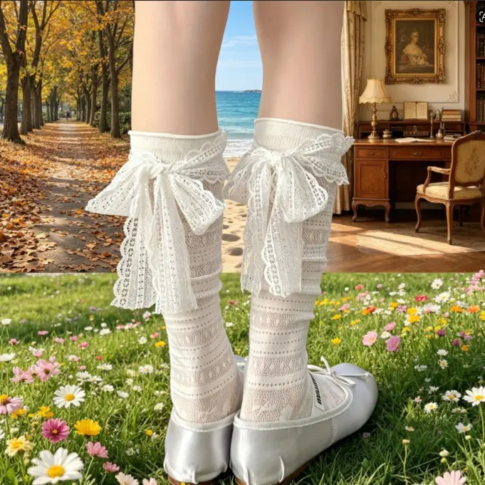 Women's Slouch Knee High Socks - Summer Thin, Lace Bow, Plain, Ballet Style, Ruffled Ribbon Tie, 1 Size Fit, Prop 65 Safe, White Sports & Outdoor Sun Protective, One Size