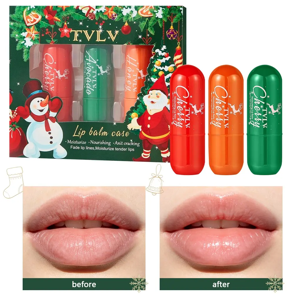 Christmas Gift Lip Balm Set of 3, Hydrating Fruit Scent Lip Moisturizer Stick, Nourishing Lip Balm for Dry Peeling Lips, Long Lasting Non-Sticky Moisturizing Lip Care, Holiday Present for Girls & Women