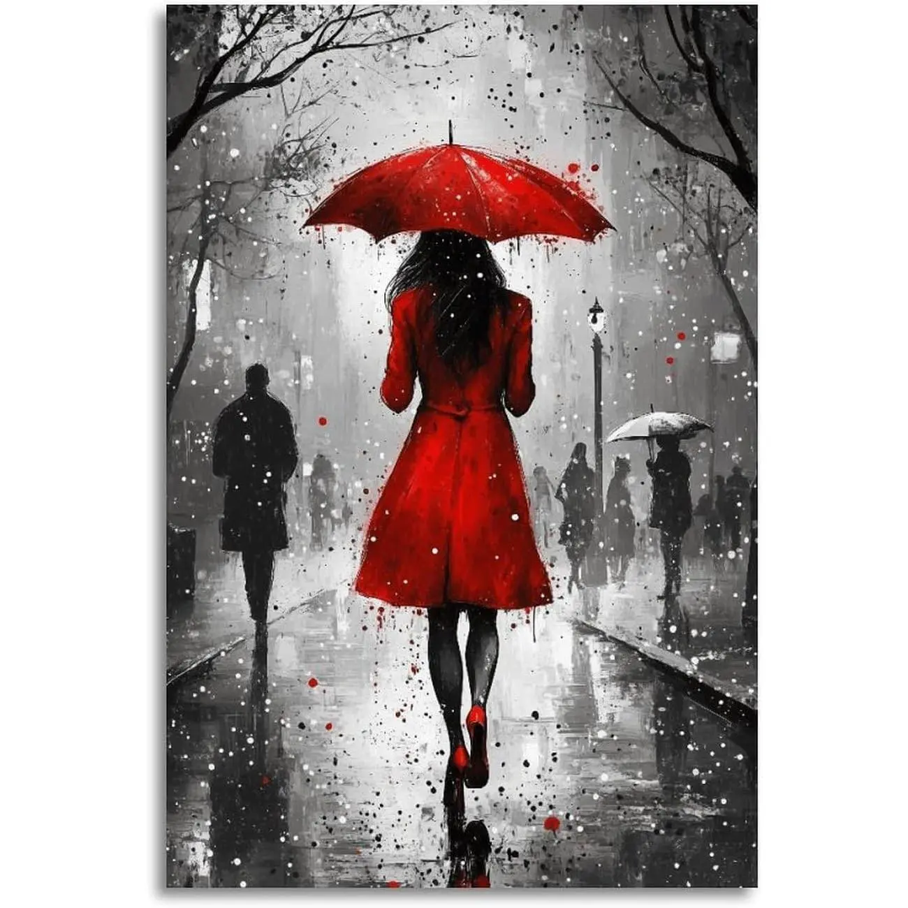 The Lonely Walk of The Woman with A Red Umbrella in The Rainy Alley Wall Art Print Vintage Canvas Wall Art Wall Decor Aesthetic Modern Living Room Bathroom Decor Poster 16x24inch(40x60cm) Unframe-styl