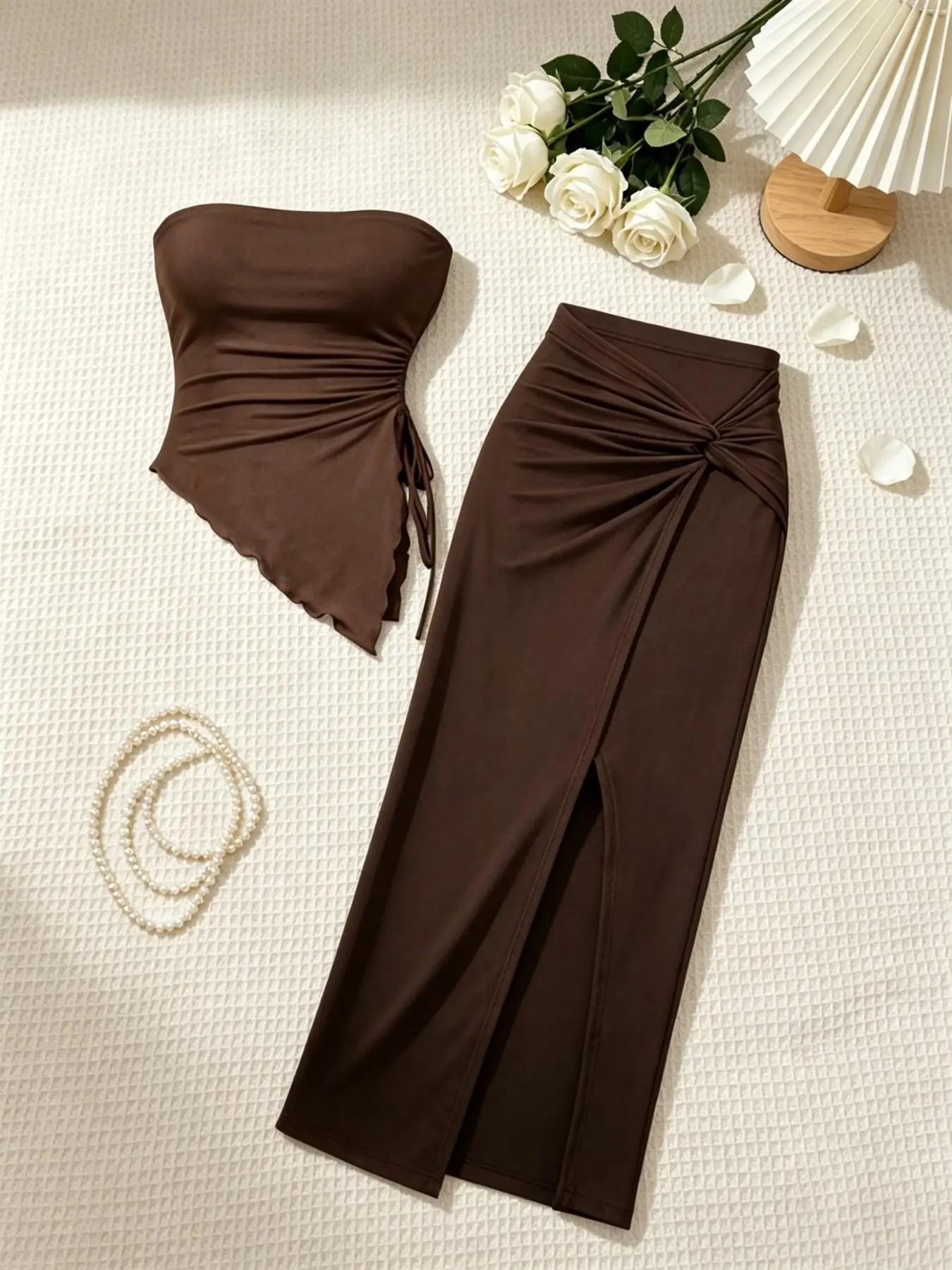 Women's Asymmetrical Wave Hem Adjustable Drawstring Ruched Strapless Top, High Waist Front Knot Split Midi Skirt, Casual Party Slim Fit Set