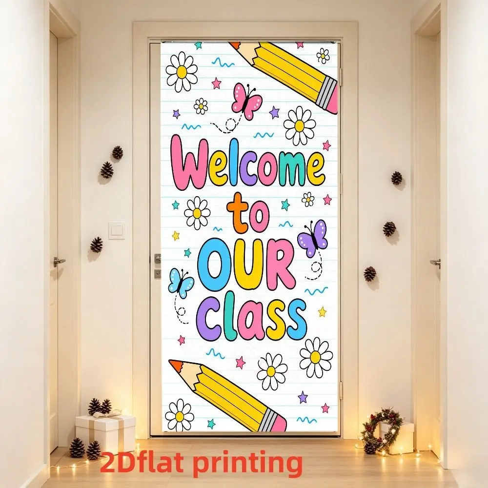 2D Polyester Party Decor, Lightweight & Flowy, Heat Transfer Print, Fun Welcome Slogan, Classroom Door Decoration, School Photo Background