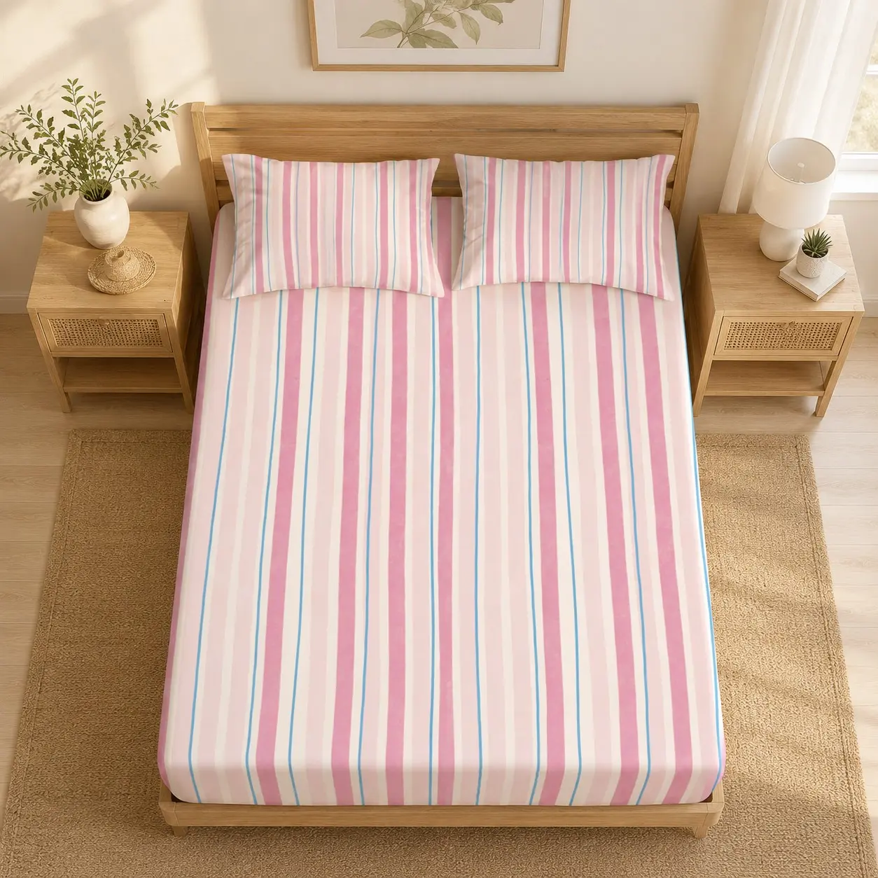 3PCS Fitted Sheet Set Fresh Hand-Drawn Vertical Stripe Print Style Single-Sided Printed, 1 Fitted Sheet and 2 Pillowcases, Excluding Pillow Inserts, Soft Snug Bedding Gift, Soft Comfy Bedding for Bedroom, Dorm, Apartment and Guest Room