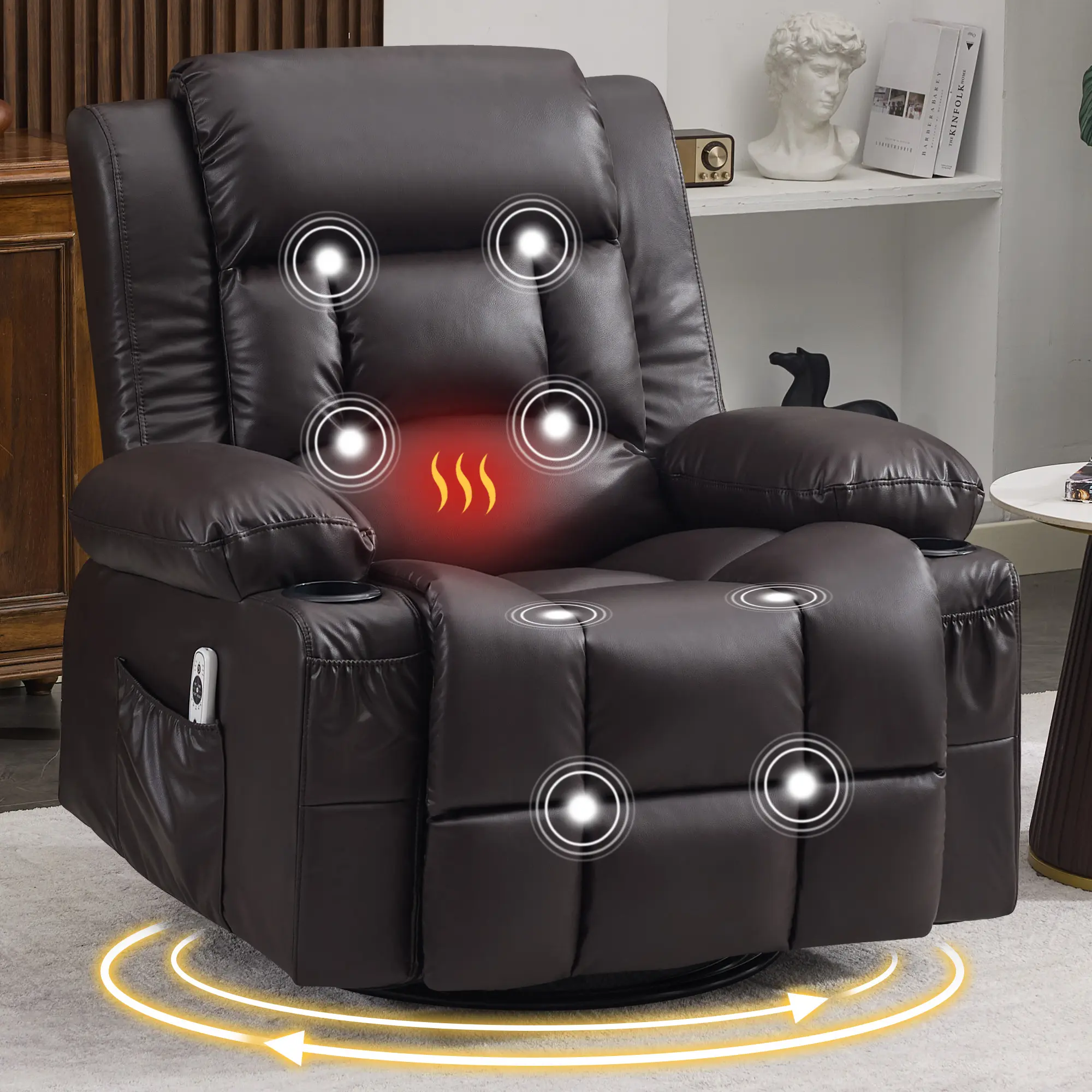ARCH 360-Swivel Adjustable Rocker Recliner Chair for Adults - Leather Brown Manual Reclining Chair with Vibration Massage, Heat, USB Port, Cup Holders, Side Pockets, Heavy-Duty Metal Frame - Living Room, Bedroom Lounge Furniture