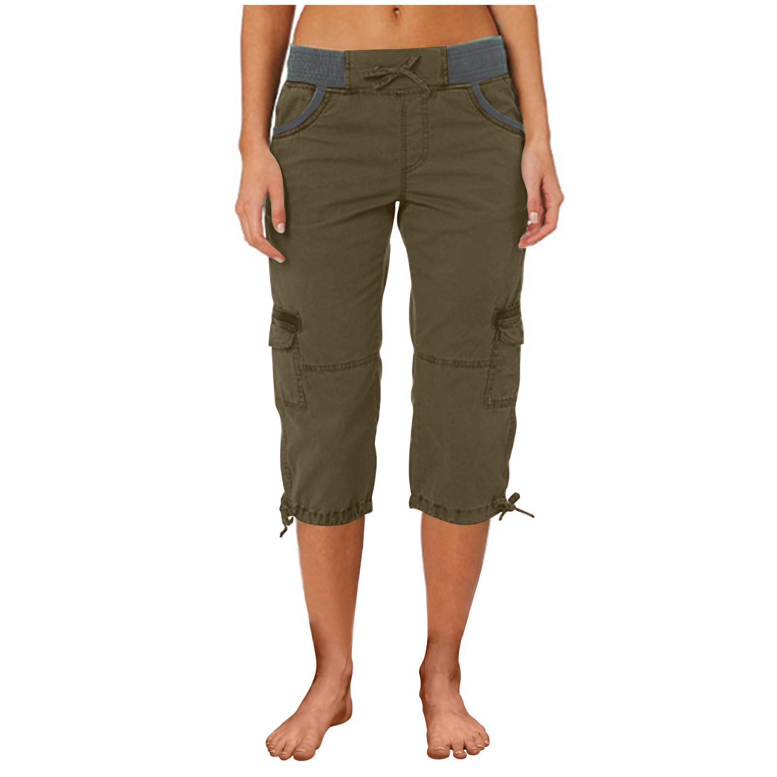 Women Cargo Capris Soild Casual Pants With Pocket Drawstring Outdoor Hiking Pants Women'S Slacks Thin Streetwear Tops Chic White Womenswear Bottom Comfort Basic