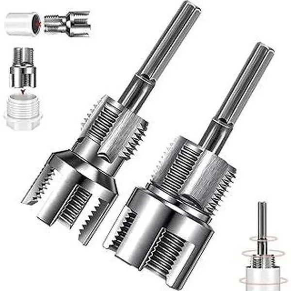 2-Pack Dual-Function Pipe Threading Tool – Internal & External Thread Cutter for 1/2" & 3/4" PVC/Plastic Pipes, Electric Drill Compatible, Pipe Threader Kit for Plumbers & DIYers (1/2"+3/4")