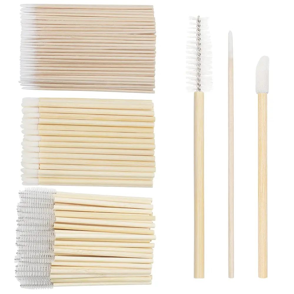 300 Pcs Eyelash Extension Supplies Kit |   200pcs Disposable Micro Applicator 50pcs Eyebrow Lash Spoolies 50pcs Lip Brush Mascara Wand Makeup Tools (Bamboo kits)