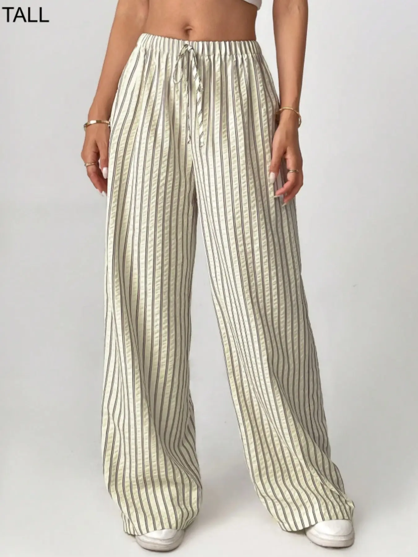 Women's Tall Summer Elegant Thin High Waist Loose Striped Wide Leg Bottom Pants, Versatile Fit Trousers, Front Bow Tie Design, Casual Office Daily Wear