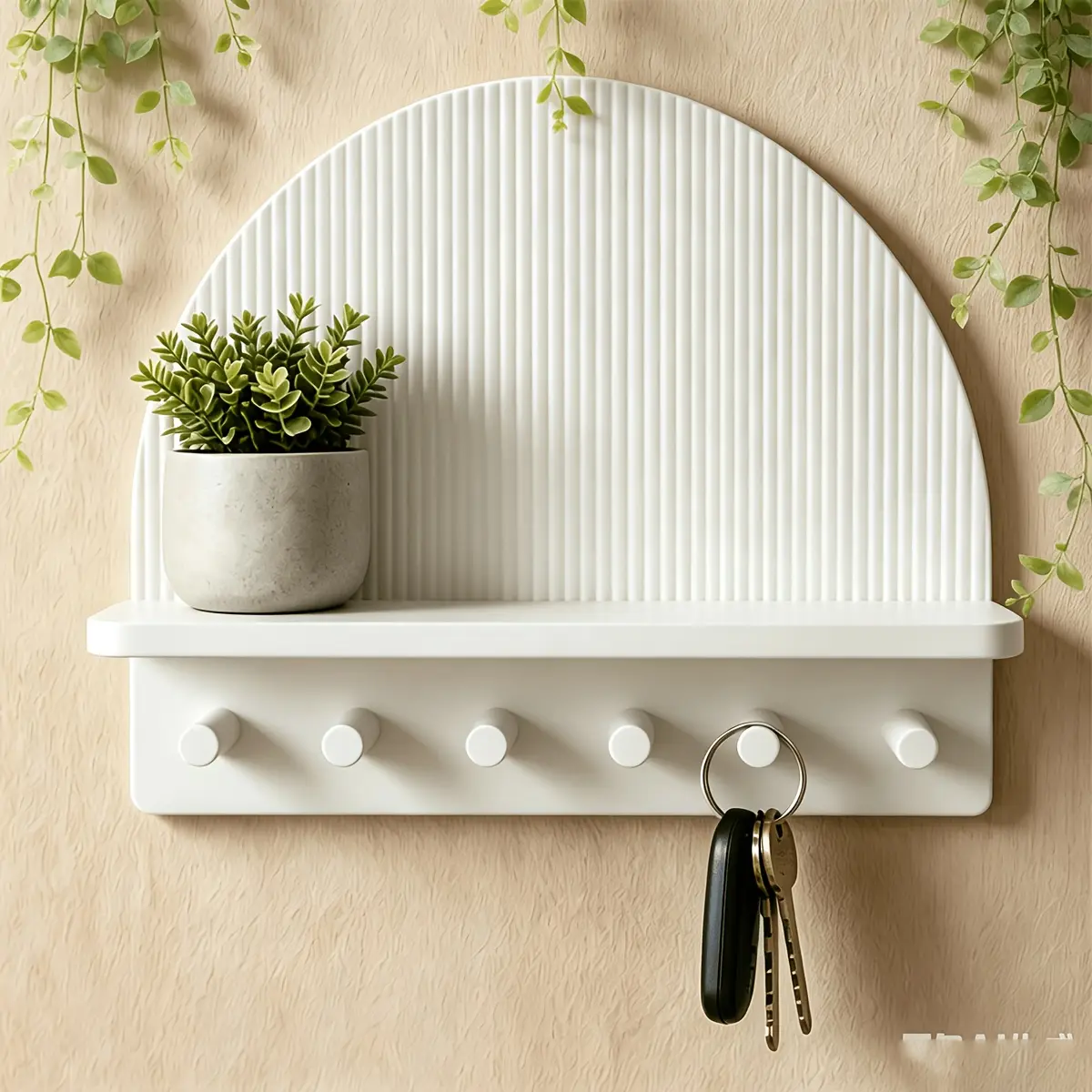 Wall-Mounted Shelf And Key Organizer, Modern Minimalist Arc-Shaped Key Hook Rack with Storage Shelf, Space-Saving for Entryway Bedroom Office Decor, Plastic Shelf And Hooks for Hanging Additions, Installation