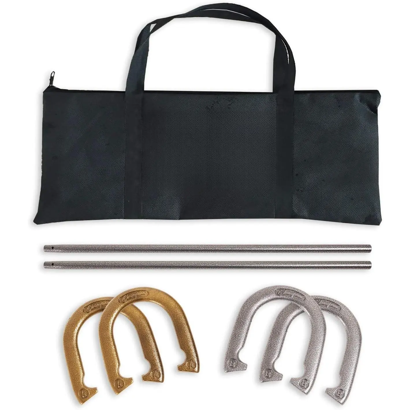 Horseshoe Set: Traditional Outdoor Lawn Game includes Four Professional Solid Steel Horseshoes with Solid Steel Stakes & Carrying Storage Case