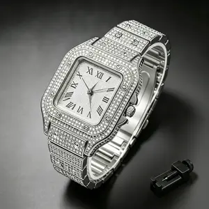 Square-shaped men's quartz watch complete with watch band adjuster, featuring a starry sky design on the dial, stainless steel strap, diamond embellishments, and Roman numerals, Modern Fashionable Wristwatch, Casual Trendy Wristwatch