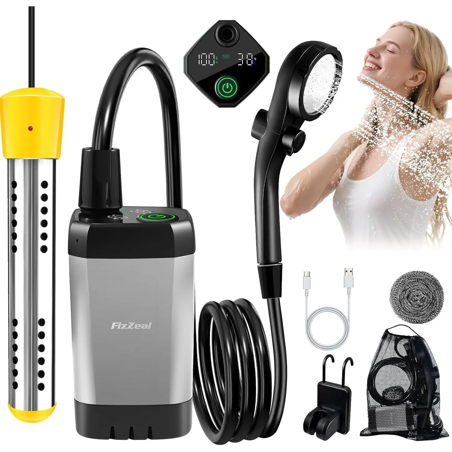 Portable Heated Camping Shower with 2000W Auto-Off Heater, 4 Spray Modes, 140 Mins Runtime, LED Display Screen, Pump for Hiking, Travel