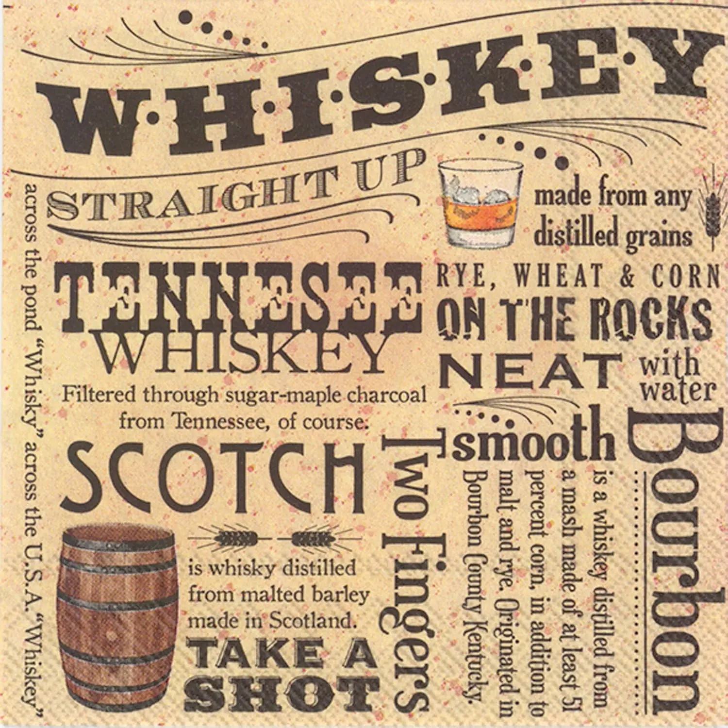Disposable 3-Ply Paper Cocktail Napkins, Whiskey Brown, 5" x 5", 20-Count Party Napkin PackGift