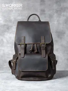 S.WORKER Vintage Genuine Leather Men's Backpack Full-Grain Cowhide Leather Laptop Shoulder Bag Casual School Bag For Women