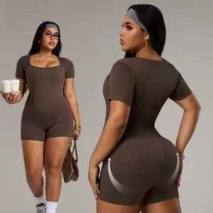 Curvy Women Plus Size Ribbed Knit Romper Square Neck Short Sleeve Tight Bodycon Jumpsuit High Stretch Tummy Control One Piece Shorts Daily Athletic Gym Outfit
