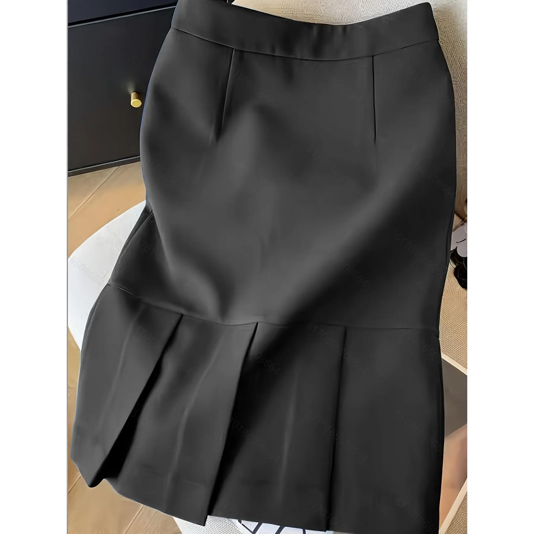 Women's Elegant Solid Fishtail Skirt with Pleated Ruffled Hemline - Professional Fitted Cut, Comfortable All-Season, Machine Washable, Women's Clothes, 100% Polyester, All Seasons, Ud7003926, Fishtail Bottom, Pleated Fishtail Bottom Skirt