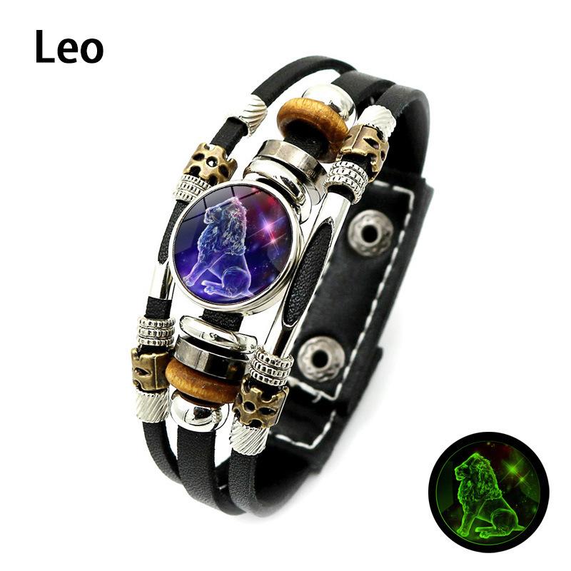 New Twelve Zodiac Signs Luminous Leather Bracelet Vintage Punk Multi-layer Woven Beaded Bracelet Jewelry