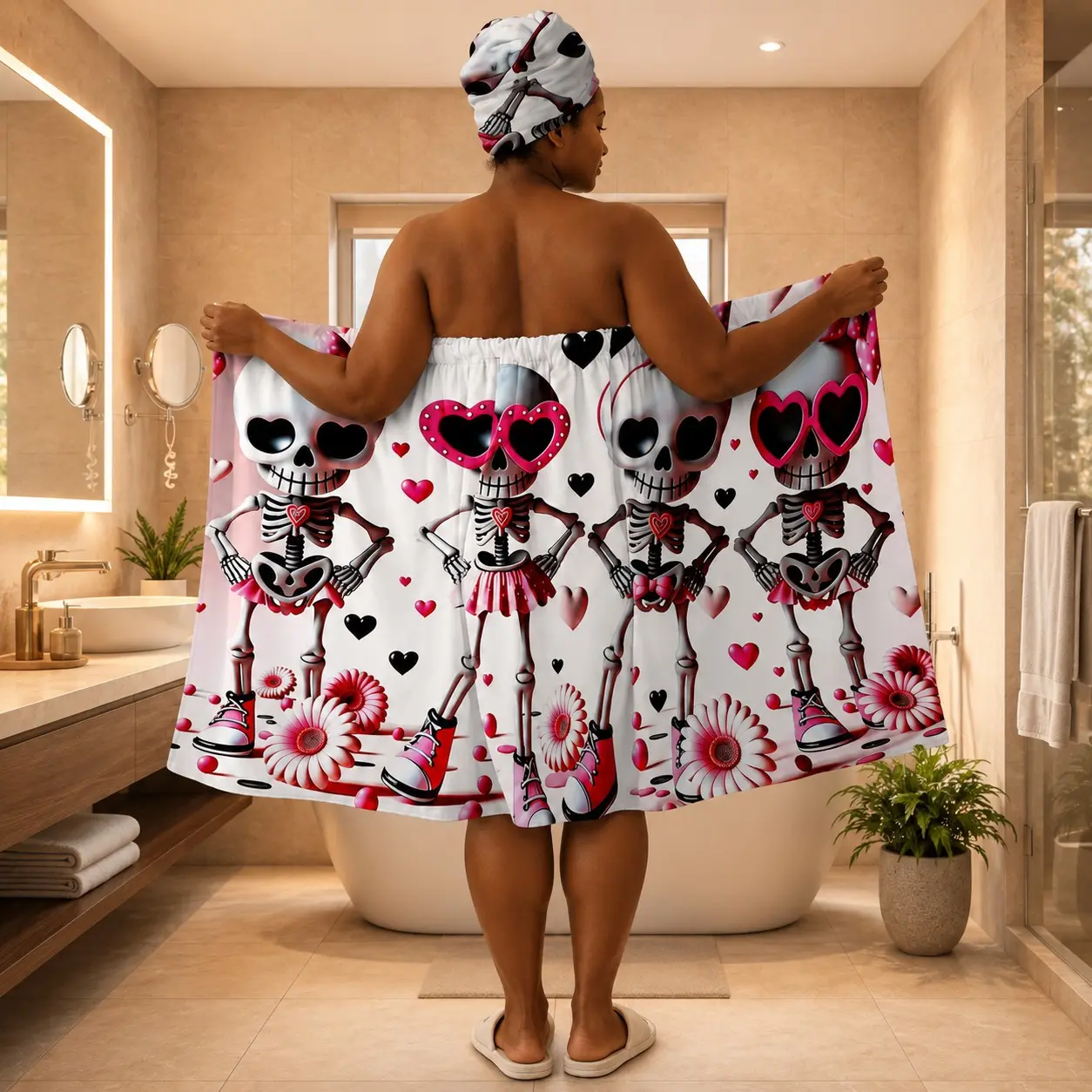 Large Size M-XXXXL Cute Skull Print Bathrobe Hair Dryer Hat Set, Women Non-Slip Adjustable Bathrobe, Ideal for Bathroom, Spa, Halloween, Gothic Parties