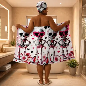 Large Size M-XXXXL Cute Skull Print Bathrobe Hair Dryer Hat Set, Women Non-Slip Adjustable Bathrobe, Ideal for Bathroom, Spa, Halloween, Gothic Parties