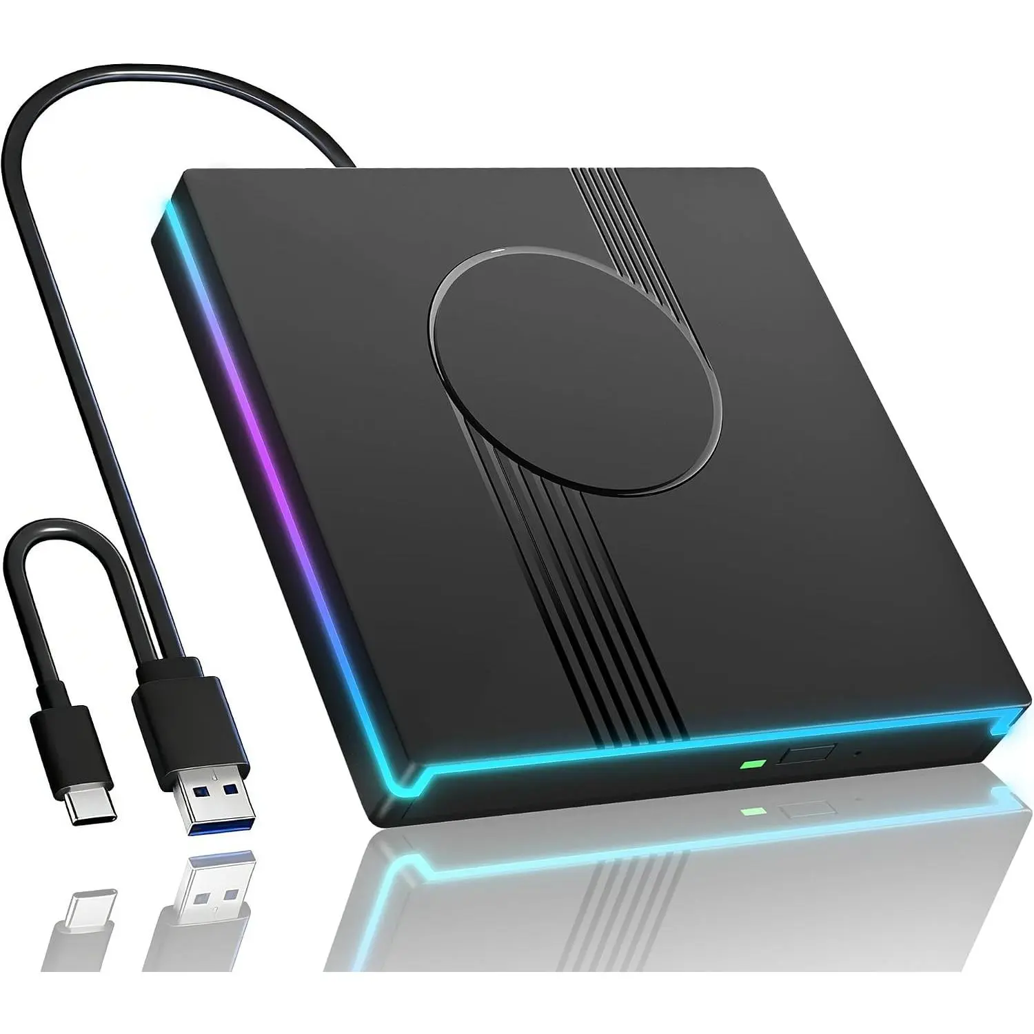 External CD/DVD Drive for Laptop, RGB & USB 3.0 Type-C CD DVD Burner | External CD DVD Player +/-RW Optical Disc Drive, Slim CD ROM External Drive for Laptop Desktop PC Windows  (Black)