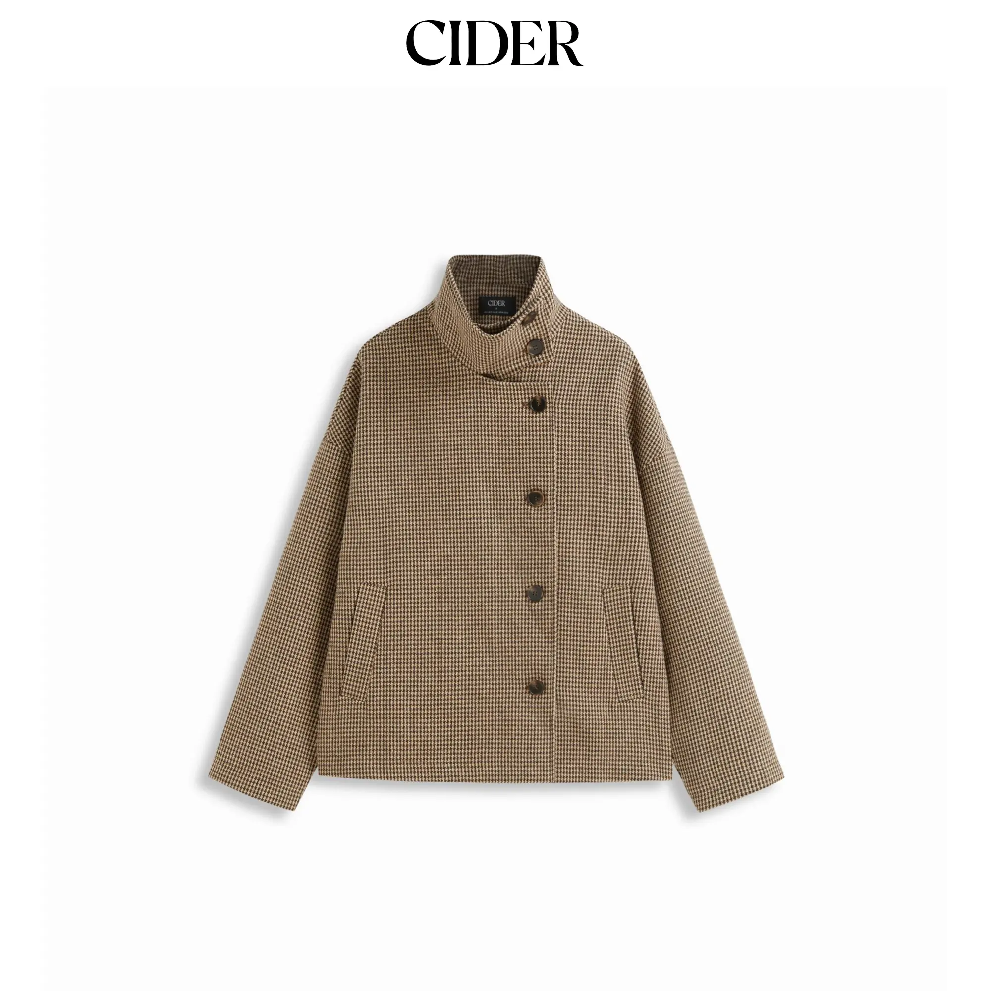 Cider Wool-look Houndstooth Stand Collar Asymmetrical Super Oversized Jacket